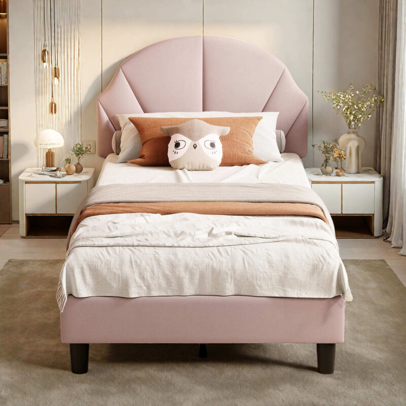 Pergar - Lit 90x200 cm, lit simple avec tête de lit réglable, lit enfant rembourré, dossier moelleux, velours, rosa