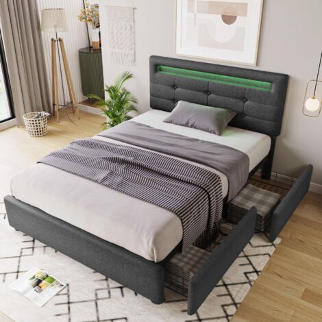 Lit simple avec tiroir 90x200cm, avec 2 tiroirs et éclairage LED, tête de lit réglable en hauteur, sommier à lattes, Lit adulte, lit tiroir - gris