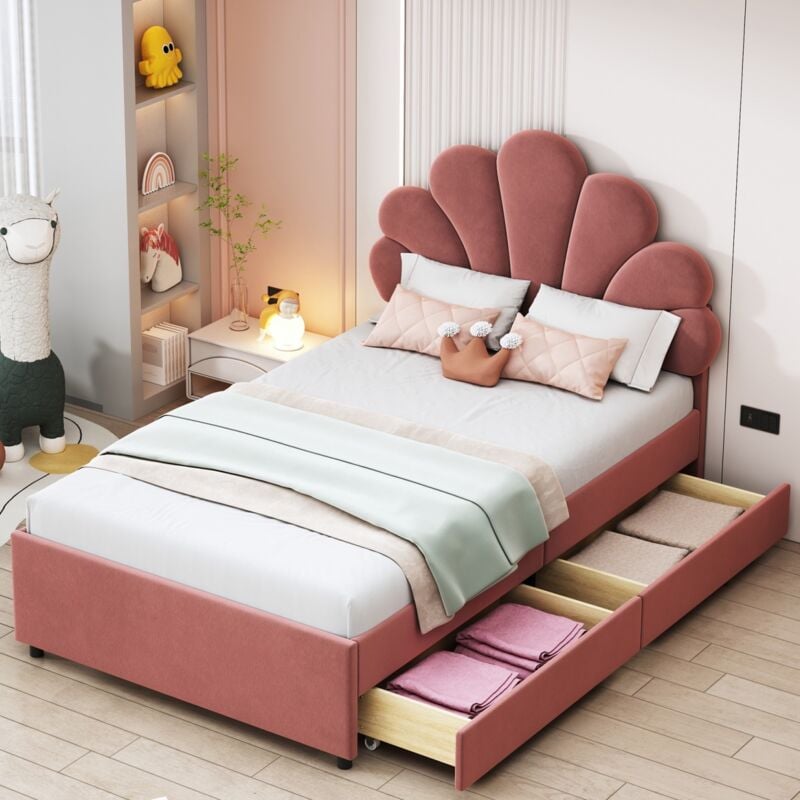 Lit simple avec tiroirs 90x200 cm, deux grands tiroirs sur les côtés du lit, avec sommier à lattes, tête de lit fleurie, lit tapissé en velours pour