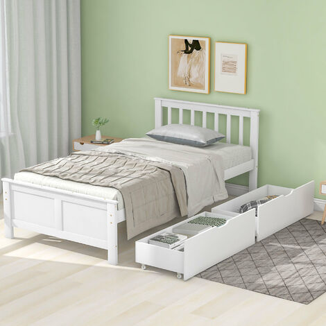 Lit simple avec tiroirs 90x200cm - cadre de lit en pin massif, lit en bois avec 2 tiroirs - blanc