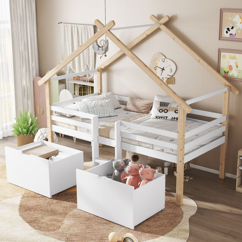 Lit simple avec tiroirs pour enfant 90x200cm, 2 tiroirs sur roulettes, sommier à lattes, pin + mdf, sans matelas, blanc + naturel