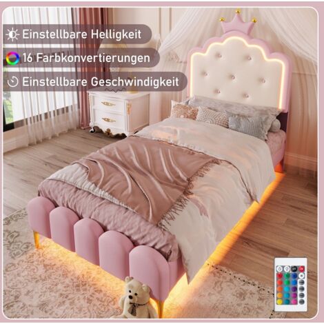 Lit Simple Bébé Fille Princesse-Forme PU Rose-Lumière Ambiance Télécommande-Sommeil à Lattes-94x209.5x129(cm)-Sans Matelas