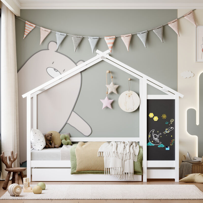 Sureh - Lit simple blanc, 90 x 200cm, lit maison en bois avec 2 tiroirs de rangement et tableau noir, cadre à lattes en bois, lit pour enfant