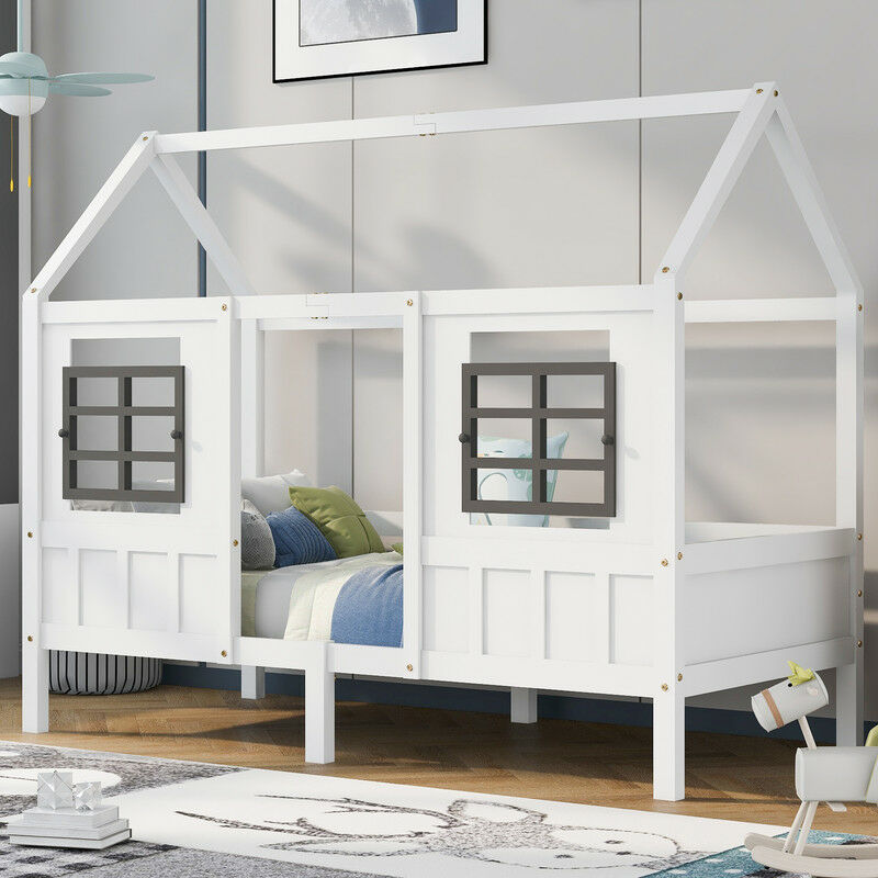 Lit simple, canapé-lit, lit enfant avec 2 fenêtres, cadre en bois de pin, mdf, blanc (200x90cm)