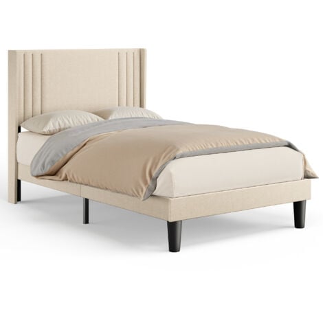 Lit Simple Capitonné 120 x 200 cm avec Tête de Lit pour Rangement Bealife Sommier à Lattes Tissu en Lin Lit Enfant Adolescent Jaunâtre