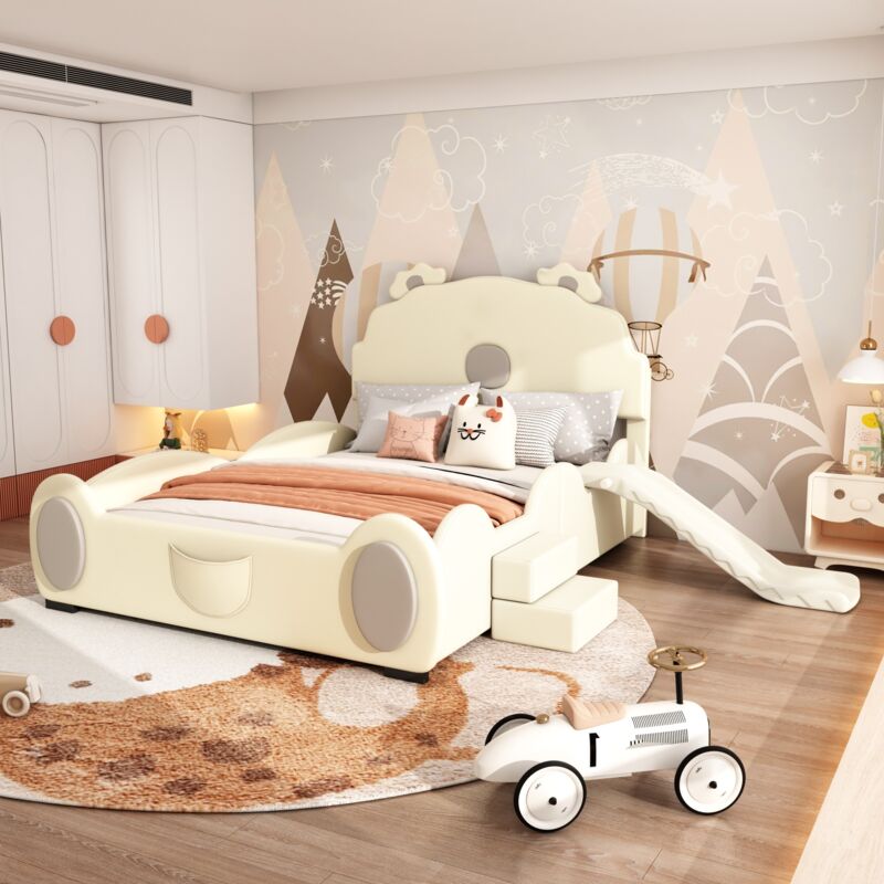 Dans Les Nuages - Lit simple capitonné 140x200 cm, avec Tête de lit forme de koalas, toboggan, escalier, sommier à lattes, lit enfant en similicuir