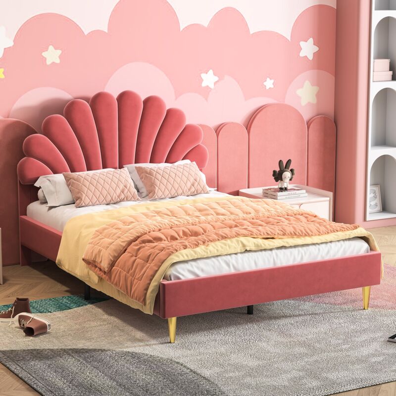 Lit simple capitonné 140x200 cm, tissu velours, avec sommier à latte, tête de lit en forme de fleur, style scandinave, lit enfant - Rouge