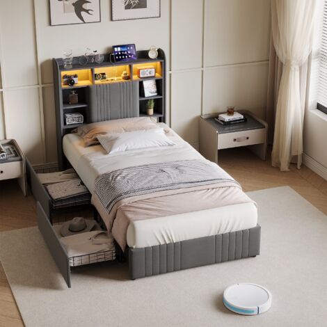 Lit simple capitonné 90 x 200 cm avec 2 tiroirs et tête de lit Rangement, Sommier à lattes, lit Une Place avec LED et USB, lin, Gris
