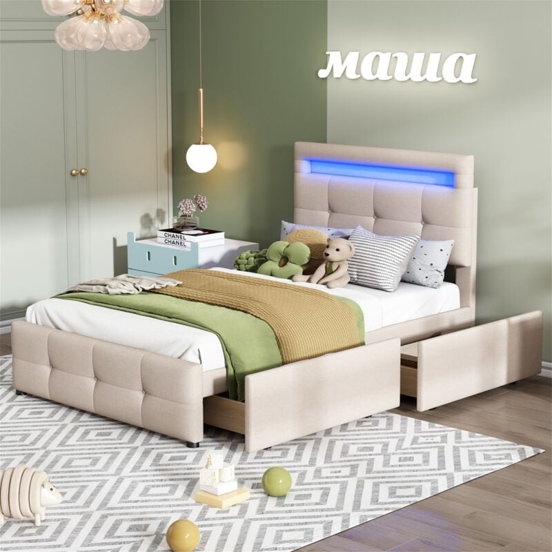 Lit simple capitonné 90x200 cm, avec éclairage led et 2 tiroirs, revêtement en lin doux pour la peau, avec sommier à lattes en bois, adapté aux