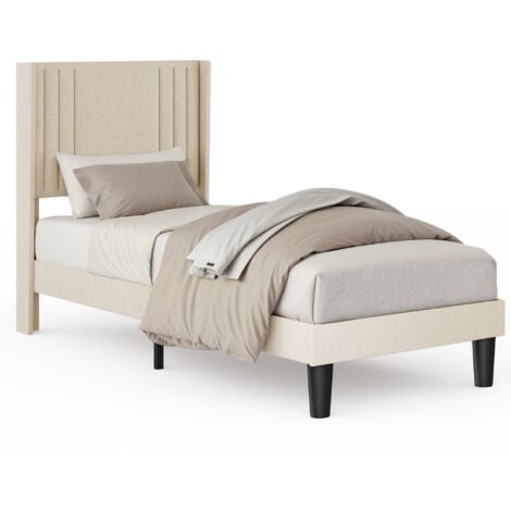 Lit Simple Capitonné 90 x 200 cm avec Tête de Lit pour Rangement Bealife Sommier à Lattes Tissu en Lin Lit Enfant Adolescent Jaunâtre
