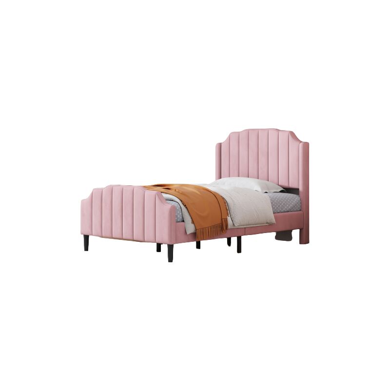 Lit simple capitonné 90 x 200 cm, cadre de lit pour enfant avec tête de lit, rembourré en velours rose