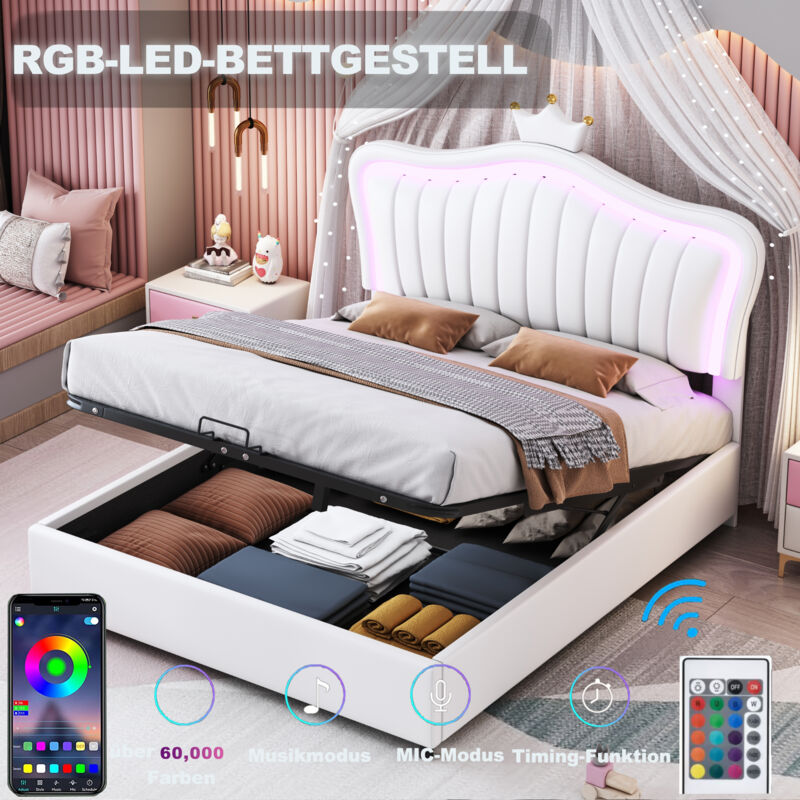 Lit adulte/enfant, lit capitonné avec lumière led, décoration en forme de couronne, pu, 140 x 200 cm, blanc, lit coffre (sans matelas)