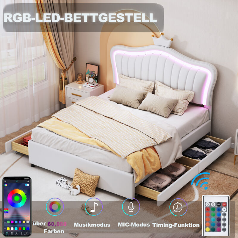 Lit adulte/enfant, lit capitonné avec lumière led, décoration en forme de couronne, pu, 140 x 200 cm, blanc, avec tiroir (sans matelas)