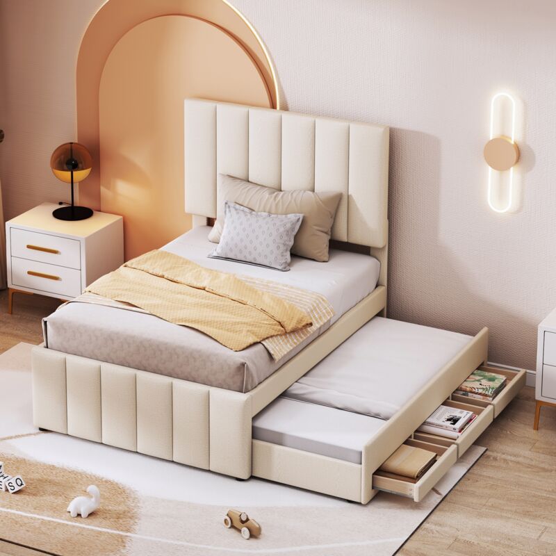 Lit simple capitonné 90x200 cm, tête de lit verticale, avec lit gigogne et tiroirs, en lin, sommier à lattes, adapté aux adolescents et enfants