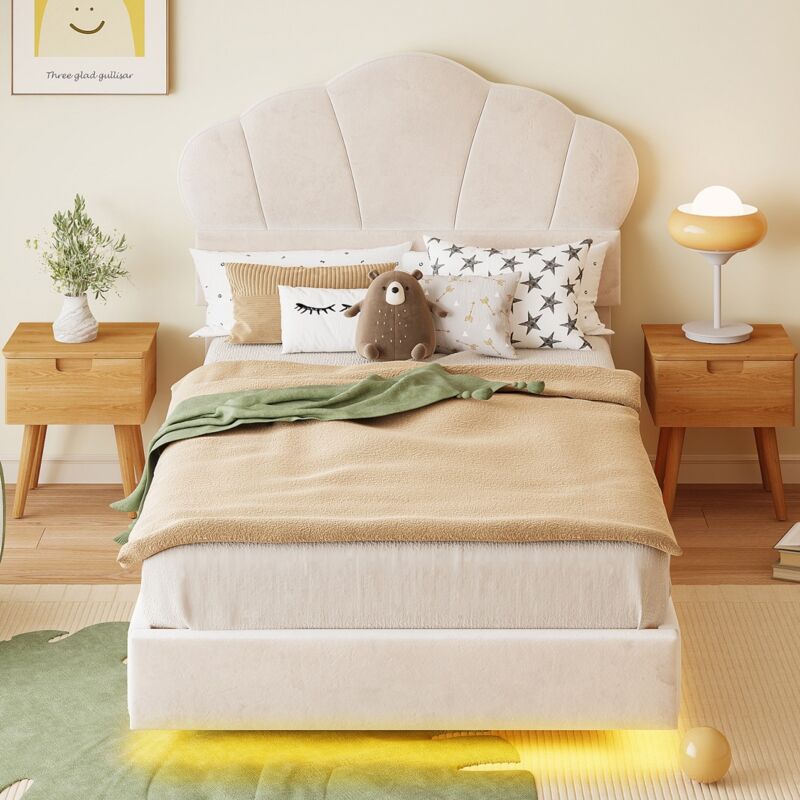 Lit simple capitonné 90x 200 cm, avec bande lumineuse led sur tout le pourtour, tête de lit en forme de nuage, design suspendu, tissu velours, adapté