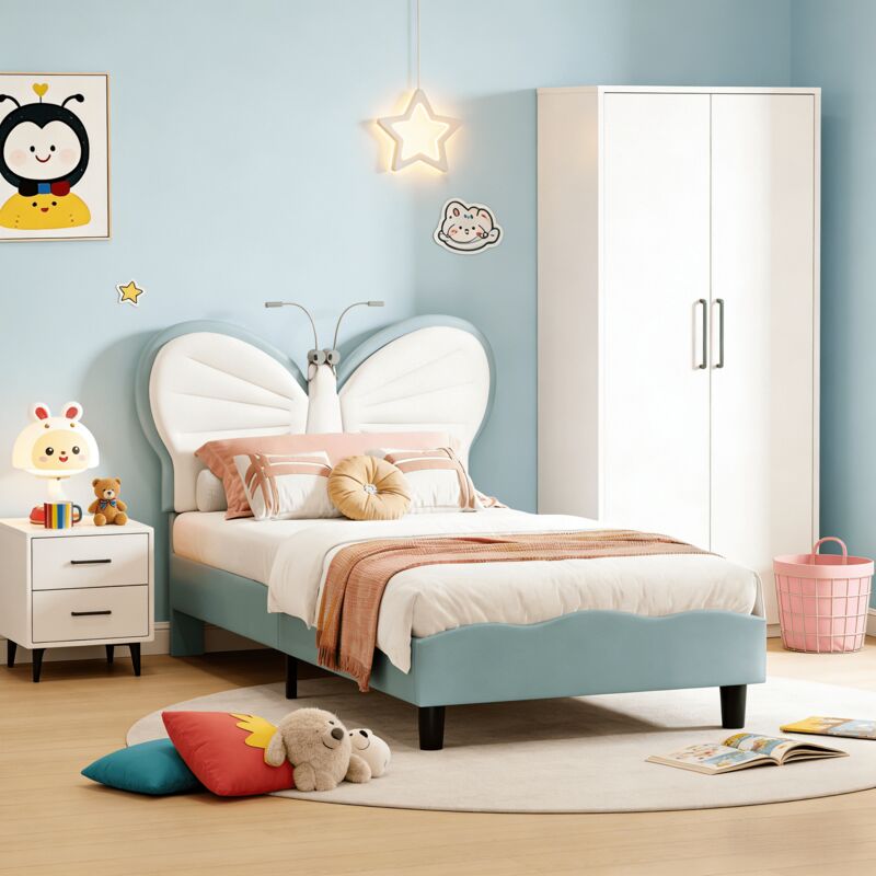 Lit simple capitonné 90x190cm, lit enfant 90x190cm avec tête de lit en forme de papillon, Lampe de lecture intégrée, Sommier à lattes, Velours, Bleu