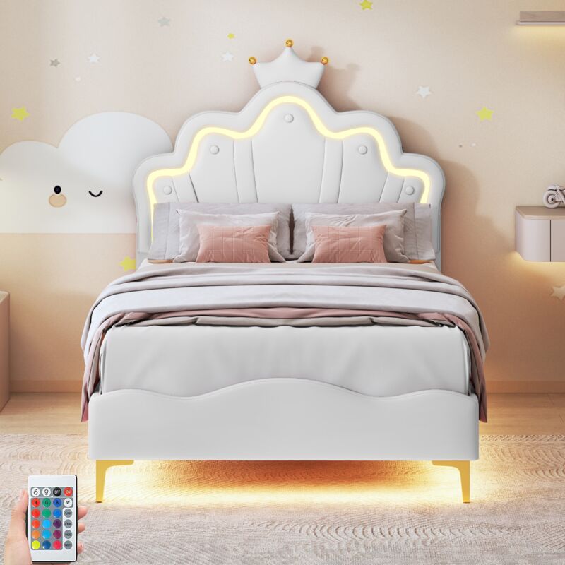 Lit simple capitonné 90x200 cm, avec led tête de lit forme de fleur et couronne, sommier à lattes en bois, lit enfant princesse en similicuir - Blanc