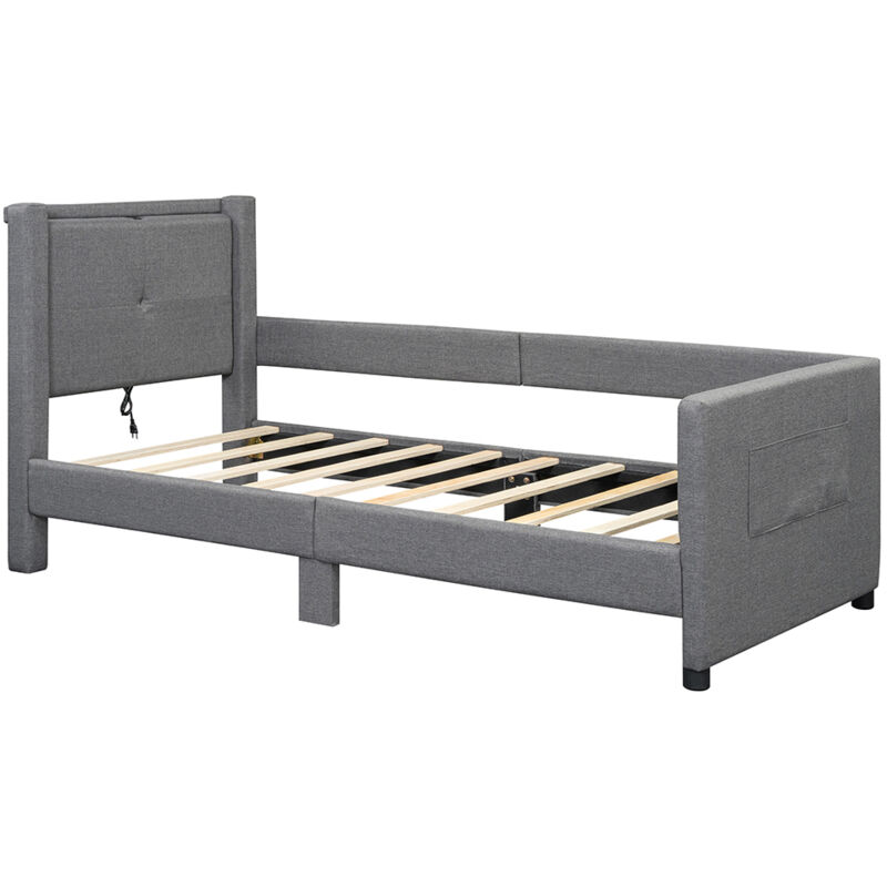 Gutent - Lit simple capitonné 90x200 cm, avec port usb, demi-encadrement, design minimaliste, gris