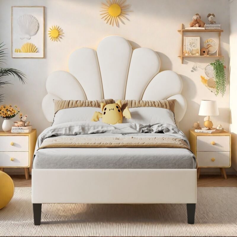 Eifson - Lit simple capitonné 90x200 cm,avec tête de lit fleurie, sommier à lattes, tissu velours, adapté aux enfants, adolescents - Beige