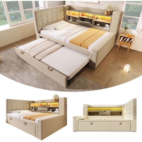 Lit simple capitonné 90x200 cm + lit gigogne 90x190 cm, LED, lit coffre, tête de lit L rangement, sommier lattes, lin beige (sans matelas)