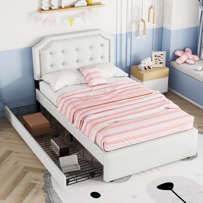 Lit simple capitonné 90x200 cm, avec 2 tiroirs, tête de lit réglable en hauteur, sommier à lattes en bois, cadre en métal, lit enfant en lin - Blanc