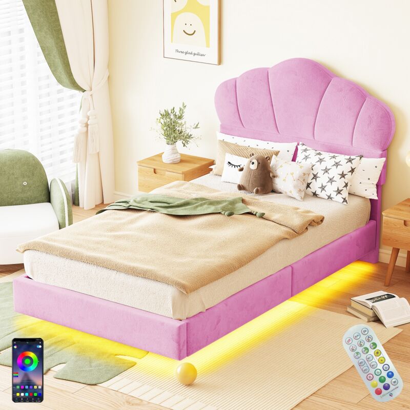 Lit simple capitonné 90x200 cm, avec éclairage led, Tête de lit forme de pain, sommier à lattes, cadre en métal, lit enfant en velours - Rose