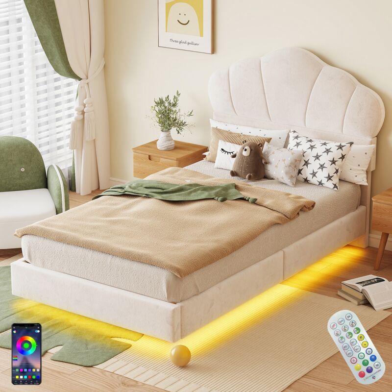 Lit simple capitonné 90x200 cm, avec éclairage led, Tête de lit forme de pain, sommier à lattes, cadre en métal, lit enfant en velours - Beige