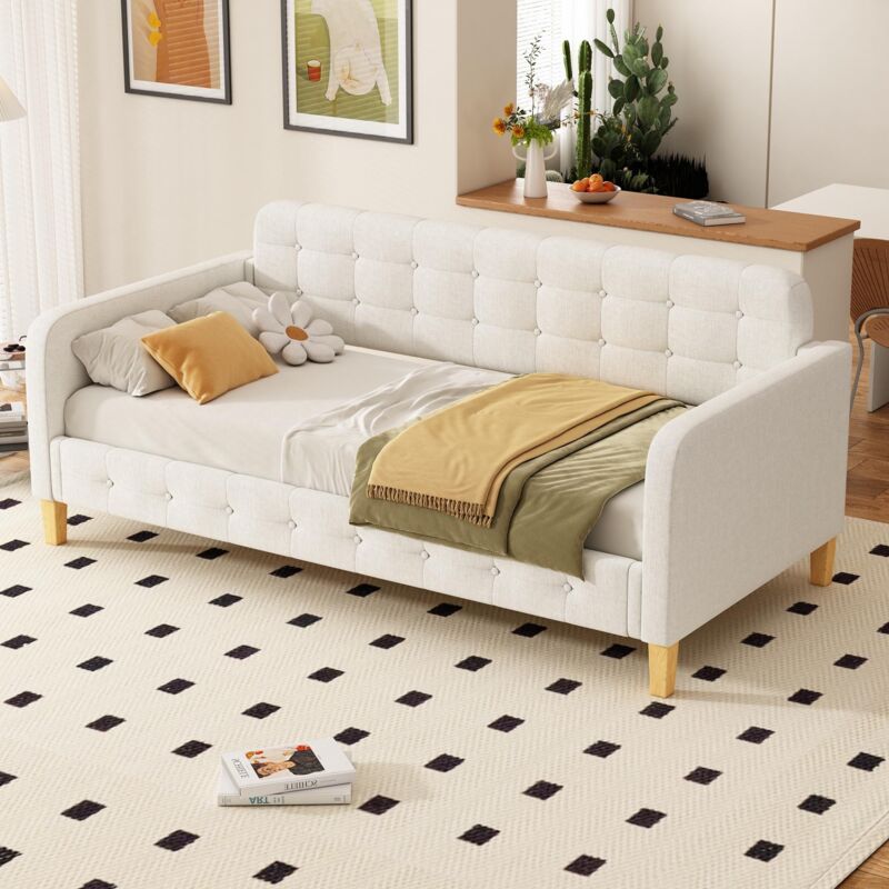 Dans Les Nuages - Lit simple capitonné 90x200 cm, avec sommier à latte en bois, Canapé-lit en lin, style scandinave, lit d'appoint - Beige