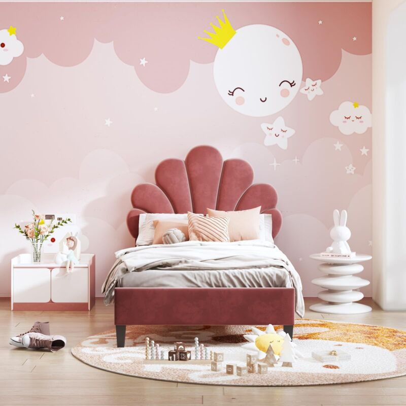 Lit simple capitonné 90x200cm avec tête de lit en fleur, Lit enfant 90x200cm avec sommier à lattes, Tissu velours, Rouge