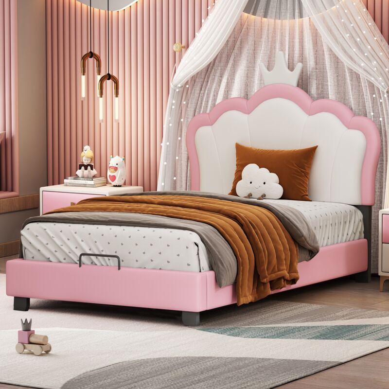 Dans Les Nuages - Lit simple capitonné 90x200 cm, avec tête de lit en forme de couronne, sommier à lattes, cadre en métal, lit enfant en similicuir