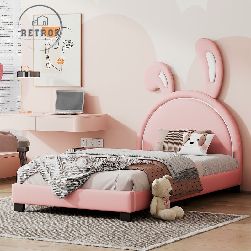 Lit simple enfant 90x200cm - tête de lit oreilles de lapin, sommier à lattes bois massif, lit capitonné velours - Rose