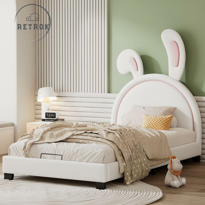 Lit simple enfant 90x200cm - tête de lit oreilles de lapin, sommier à lattes bois massif, lit capitonné velours - Blanc