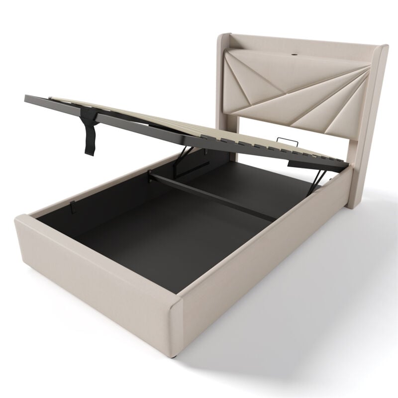 Lit simple capitonné avec tête de lit rechargeable par USB Type C, tissu lin, avec sommier à lattes (sans matelas) - 90x20 cm