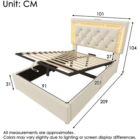 Lit simple capitonné en velours 90x200 cm avec bande LED en forme de diamant dans la tête de lit, station de charge USB et Type-C, coffre de lit hydraulique avec espace de rangement, lit jeune moderne