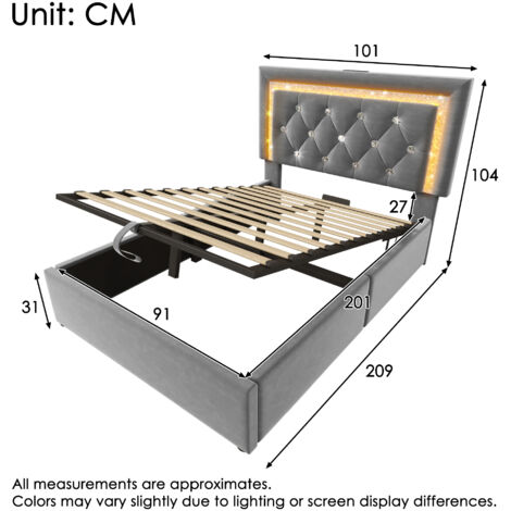 Lit simple capitonné en velours 90x200 cm avec bande LED en forme de diamant dans la tête de lit, station de charge USB et Type-C, coffre de lit hydraulique avec espace de rangement, lit jeune moderne