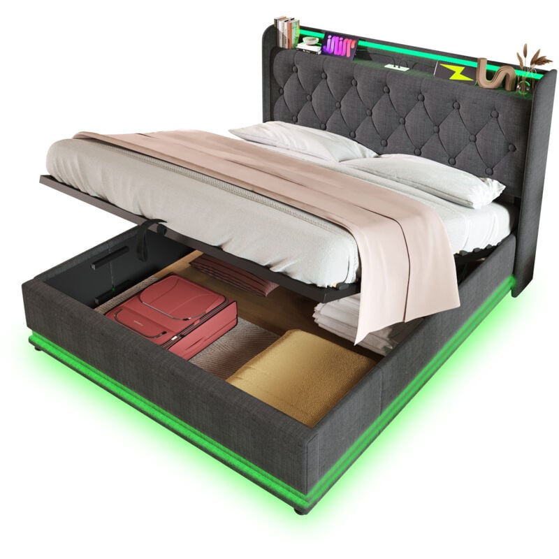 Gutent - Lit simple capitonné, fonction led 360°, gris, matériau pu, avec chargeur usb Type-C - 160x200 cm