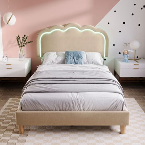 Lit simple d'enfant 90x190 cm lit rembourré avec tête de lit, éclairage LED et sommier à lattes, tissu en lin, beige