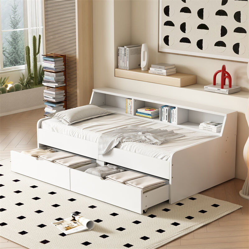 lit simple d'enfant 90x200cm, lin en pin avec 2 tiroirs et petie compartiment de rangement, sommier à lattes, blanc