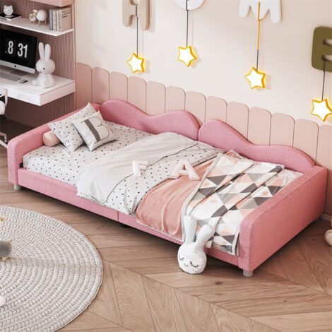 Lit simple d'enfant 90x200cm - lit capitoinné en tissu Teddy avec sommier et dossier et accoudoirs, canapé-lit rose