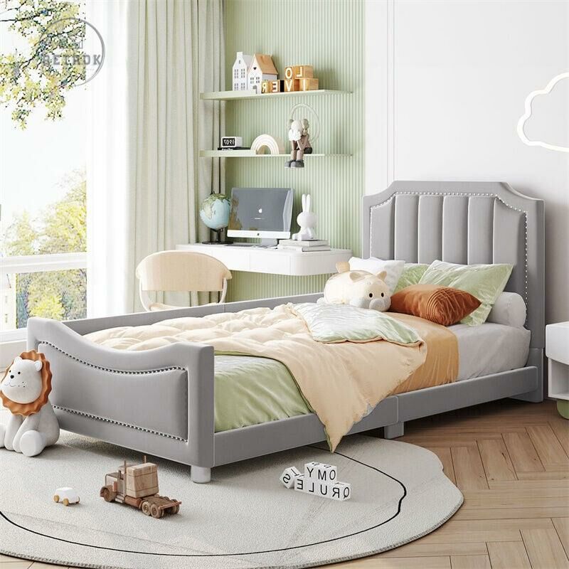 Retrok - Lit simple d'enfant 90x200cm, lit rembourré en flanelle, lit plat avec 1 entourage latéral, avec sommier à lattes et tête de lit, gris