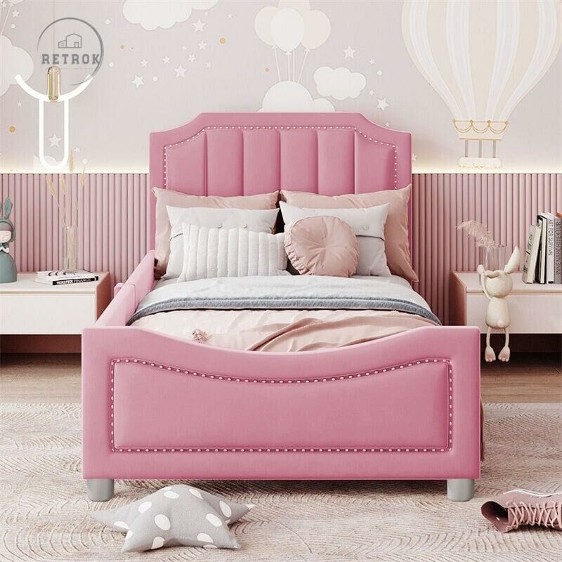 Retrok - Lit simple d'enfant 90x200cm, lit rembourré en flanelle, lit plat avec 1 entourage latéral, avec sommier à lattes et tête de lit, rose