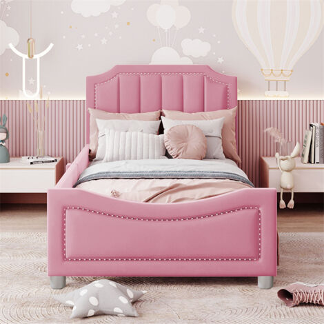Lit simple d'enfant 90x200cm, lit rembourré en flanelle, lit plat avec 1 entourage latéral, avec sommier à lattes et tête de lit, rose