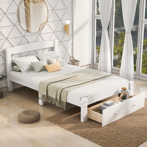 Lit simple en bois avec sommier à lattes et tiroir 90x200, cadre de lit avec tête de lit (blanc)