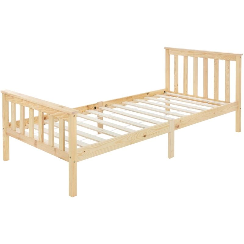 Lit Simple 90x200 cm avec Cadre de Lit et Sommier à Lattes, en Bois de Pin Massif Naturel, avec Tête et Pieds de Lit, Construction Solide et Robuste,