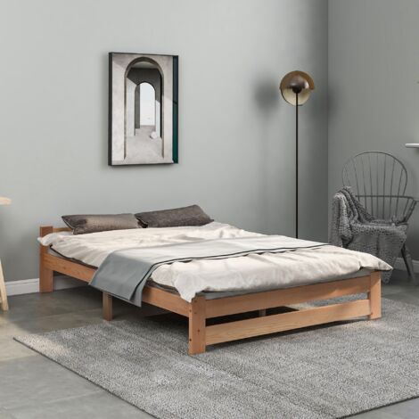 Lit simple en bois massif, 140 x 200 cm, lit de style tatami avec tête de lit et sommier à lattes, lit en pin, finition naturelle
