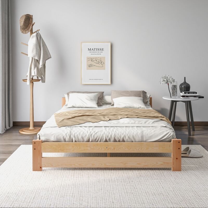Lit simple en bois massif 140x200 cm, avec tête de lit, sommier à lattes, lit futon, adapté aux enfants et adolescents - Coloris naturel