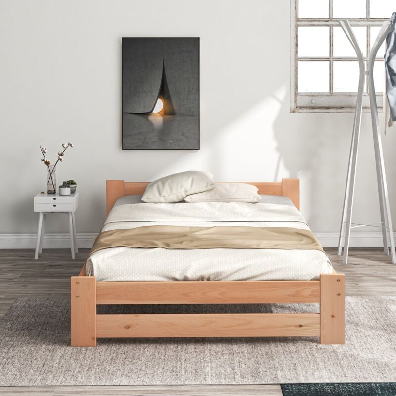 Lit simple en bois massif 90x200 cm, avec tête de lit, sommier à lattes, lit futon, adapté aux enfants et adolescents - Coloris naturel