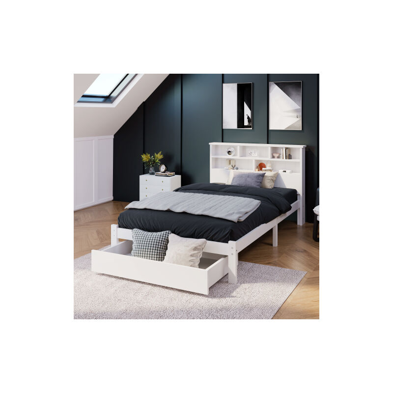 Lit simple en bois massif avec tiroirs et sommier à lattes, bibliothèque lit enfant adolescents et adultes, 90x200cm blanc
