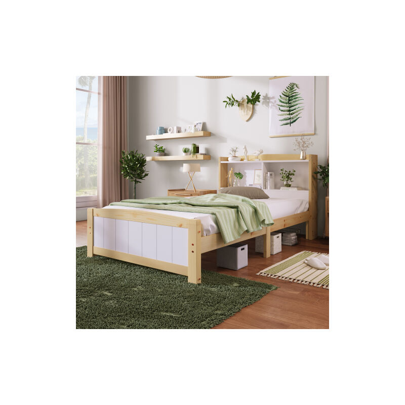 Minkurow - Lit simple en bois massif avec rangement tête de lit lit, cadre de lit 90 x 200 cm avec sommier à lattes, lit enfant, lit ado, pin massif
