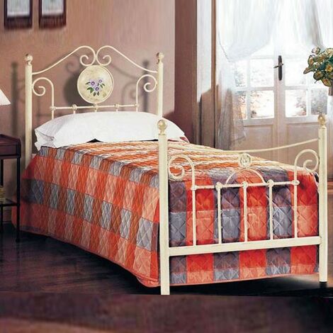 Lit simple en fer forgé ivoire 90x202xH.110 cm – Tête et pied de lit inclus – Fabriqué en Italie – Matelas et sommier non inclus